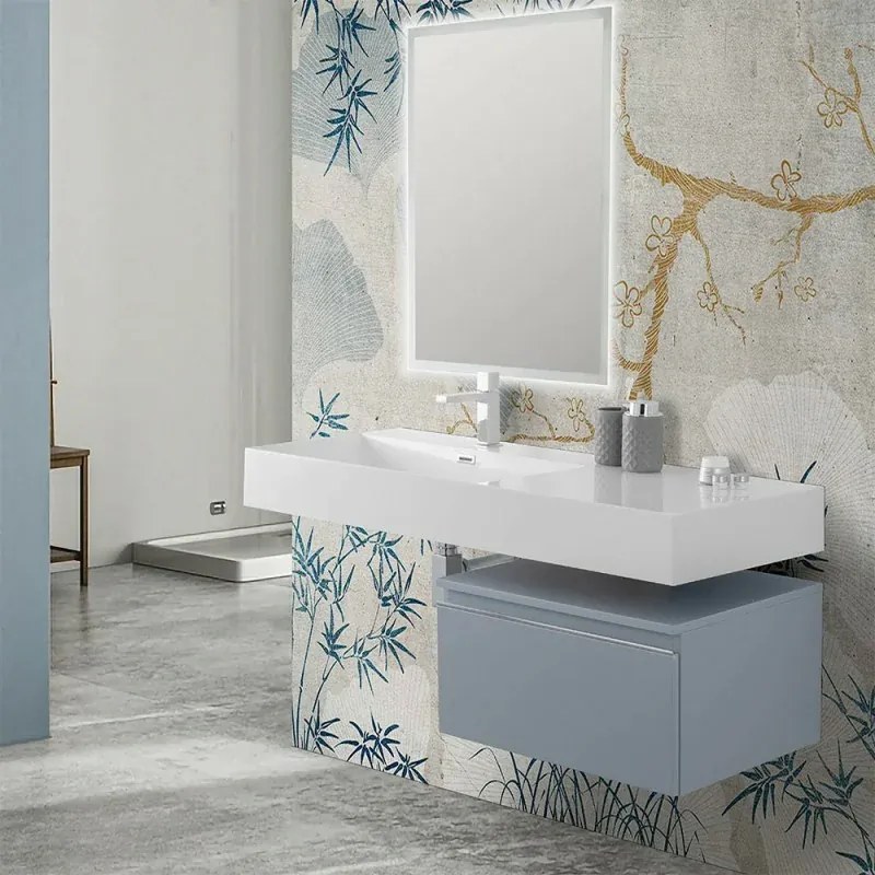 Mobile bagno sospeso 60 cm blu pastello lavabo 120 sinistro e specchio LED Iside