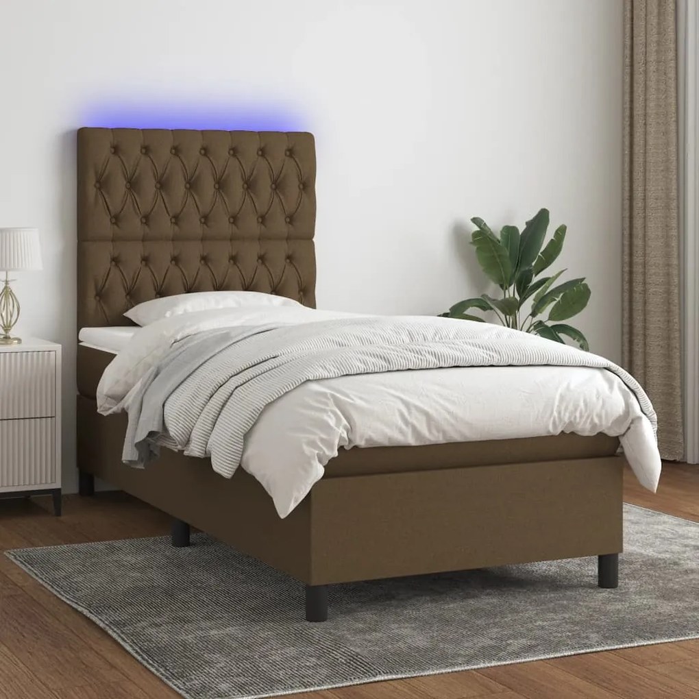 Letto a molle materasso e led marrone scuro 90x200cm in tessuto