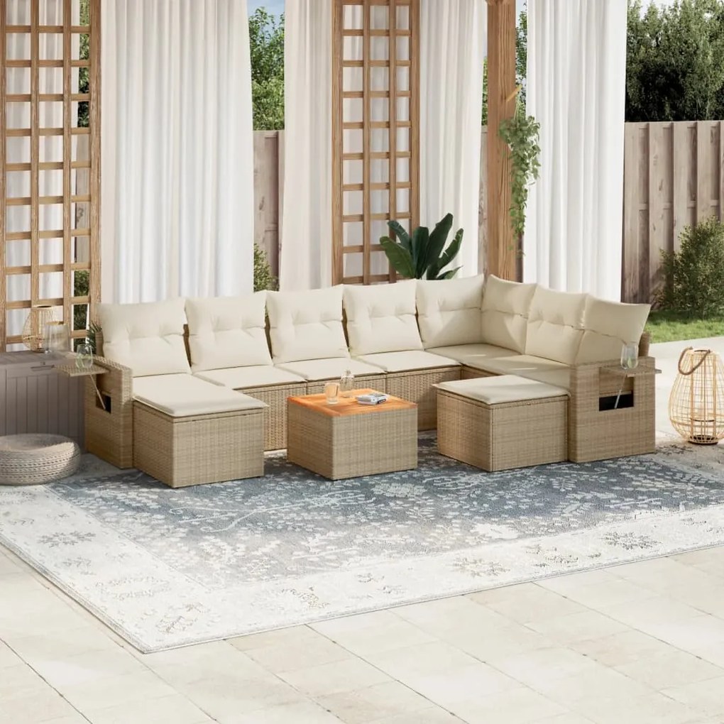 Set divano da giardino 10 pz con cuscini beige in polyrattan