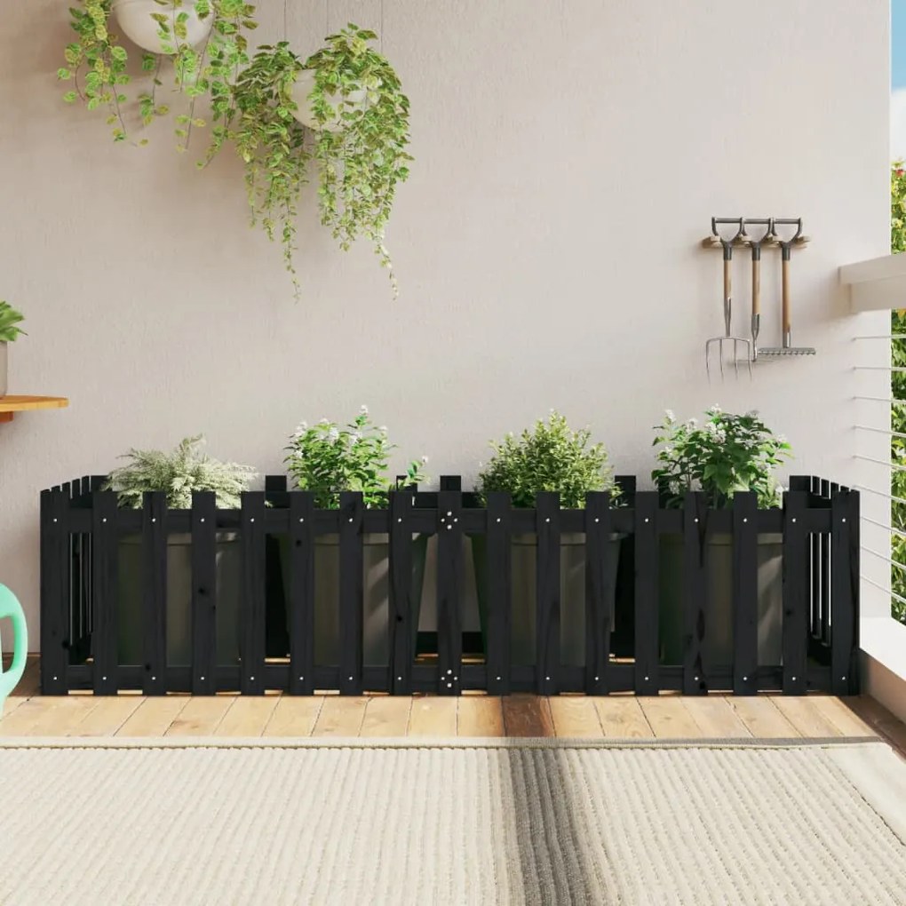 Fioriera Giardino A Recinzione Nera 200x50x50cm Massello Pino /