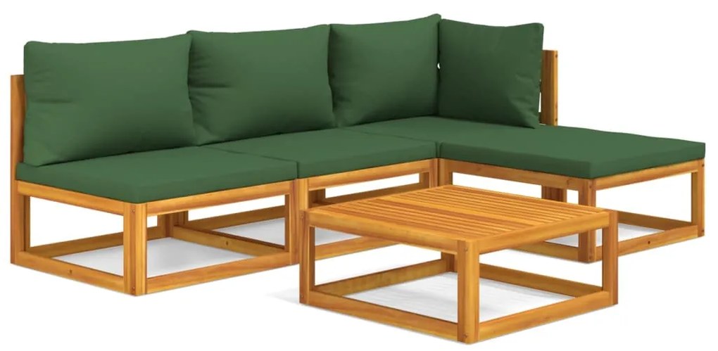 Set salotto da giardino 5pz con cuscini verdi legno massello