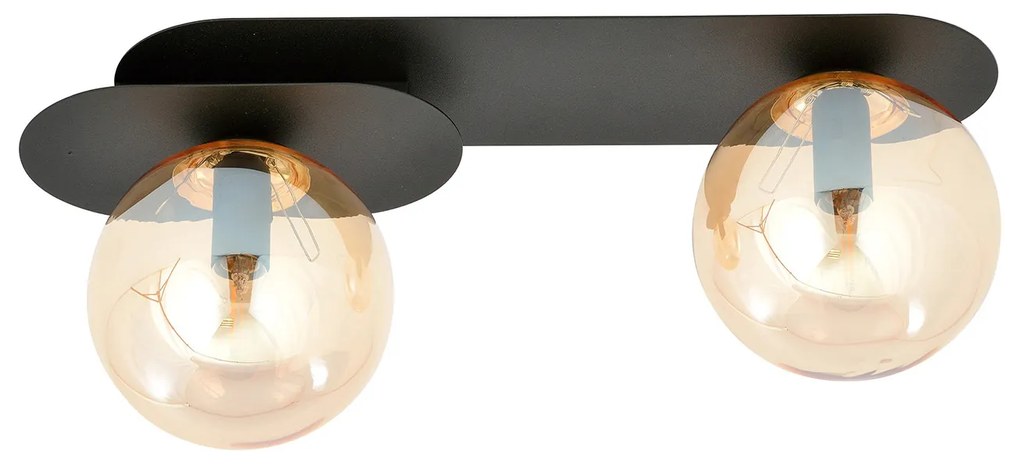 Plafoniera Minimal 2 Luci Teia In Acciaio Nero E Sfere Vetro Ambra