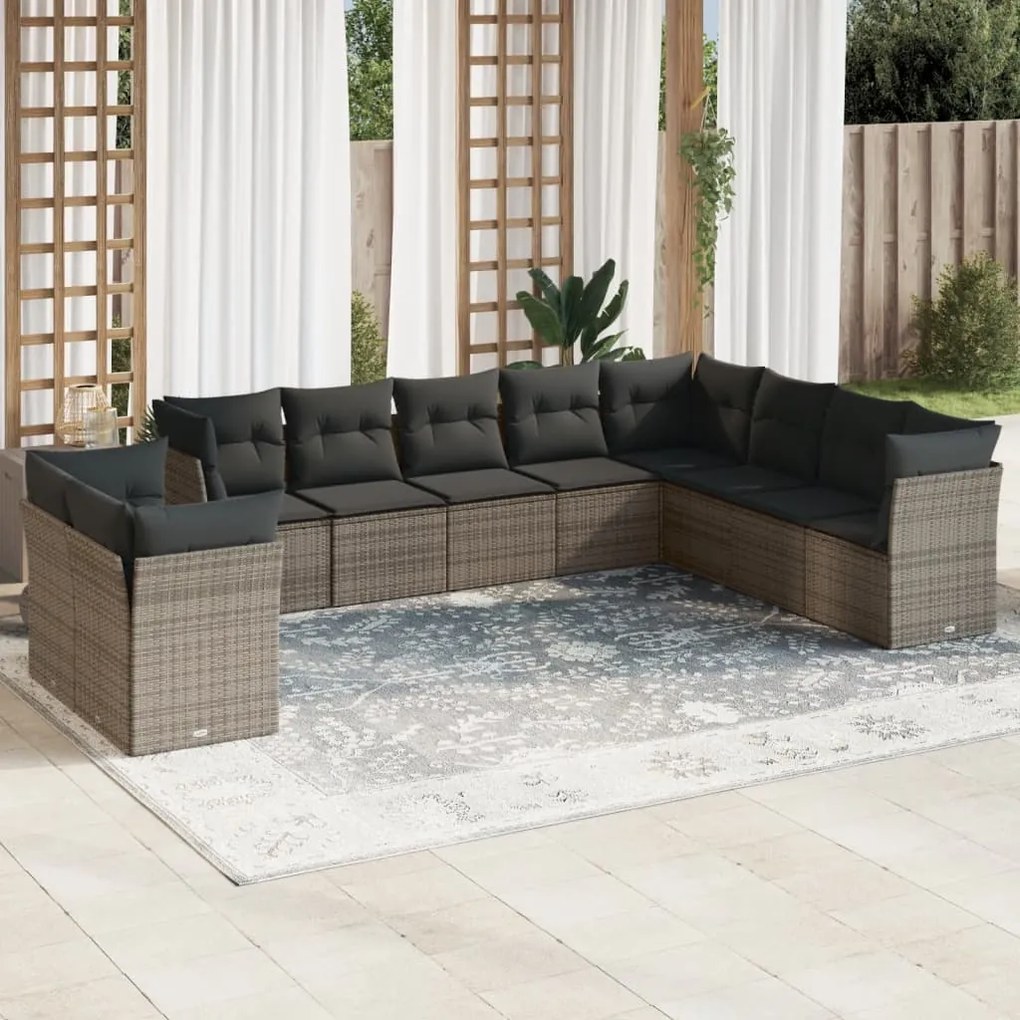 Set Divano da Giardino 10 pz con Cuscini Grigio in Polyrattan