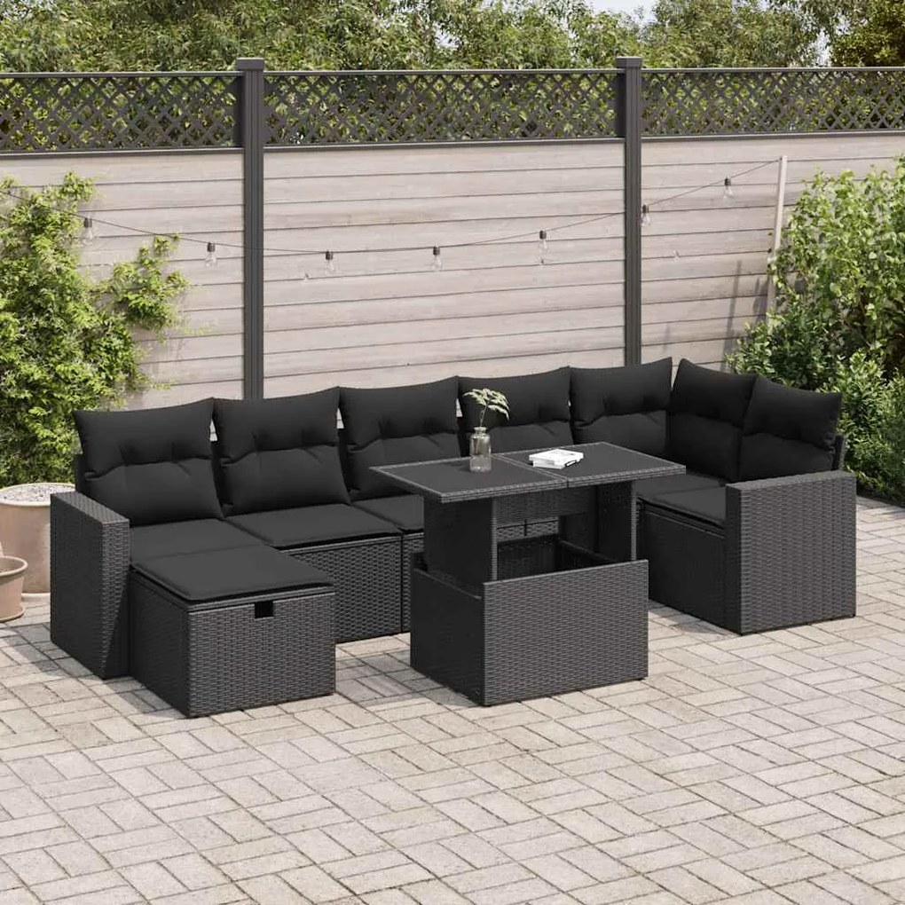 Set divani da giardino con cuscini 8 pz nero in polyrattan
