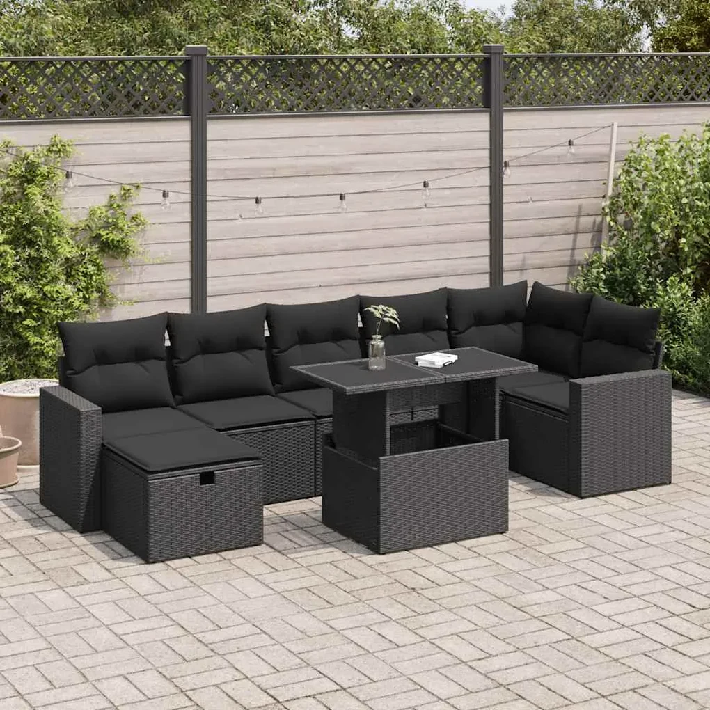 Set divani da giardino con cuscini 8 pz nero in polyrattan