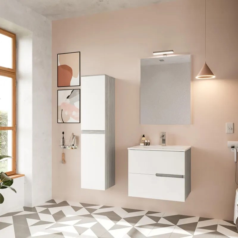 Mobile sottolavabo e lavabo con illuminazione Eva rovere grigio/frontale bianco in mdf L 60 x H 51 x P 46 cm 1 vasca 2 cassetti