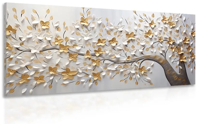 Stampa su tela – Albero con fiori bianco-dorati