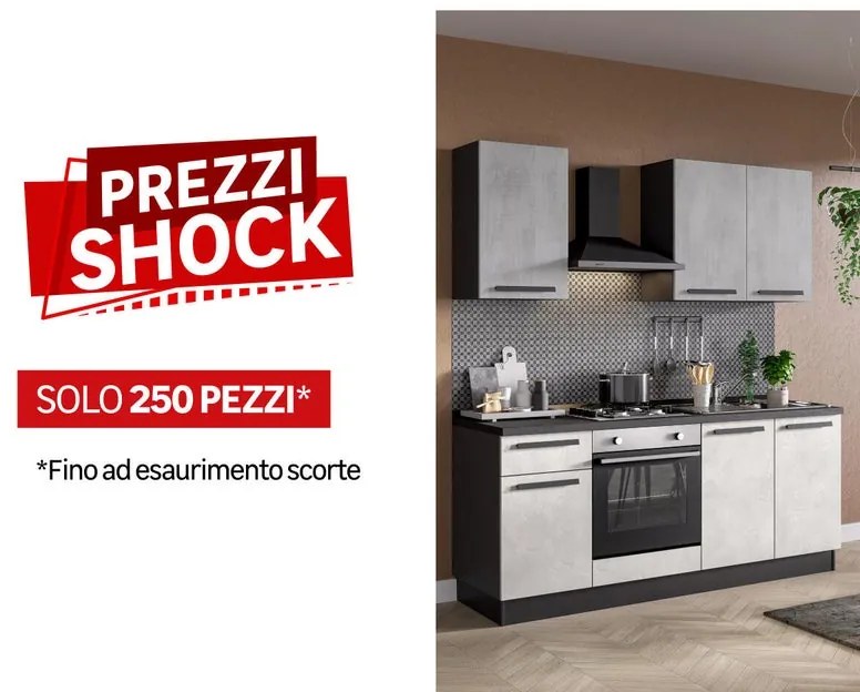 Cucina montata Dora bianco e grigio chiaro, lavello a destra, L 195 cm, completa di: cappa a camino, piano cottura a gas e forno