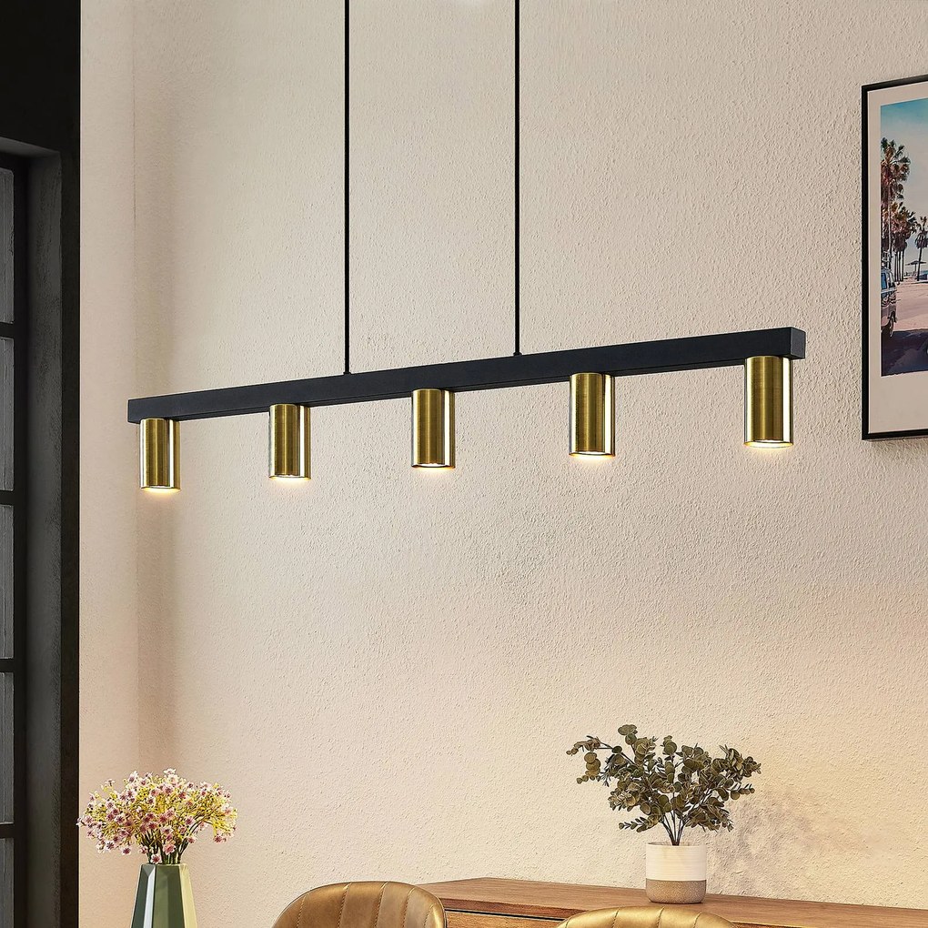 Lindby Baliko lampada a sospensione, 116 cm, a 5 luci, ottone, nero