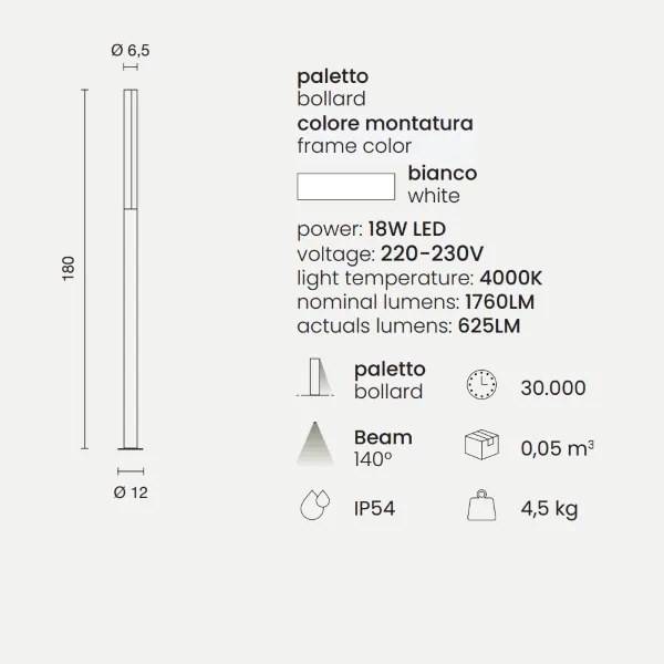 Paletto per esterni a LED in alluminio Bianco TOMMY H180 cm