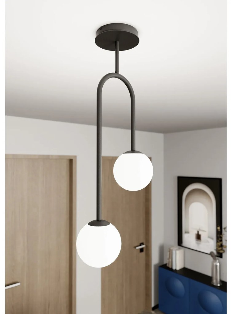 Lampada A Soffitto 2 Luci Kine In Acciaio Nero E Sfere In Vetro Opale