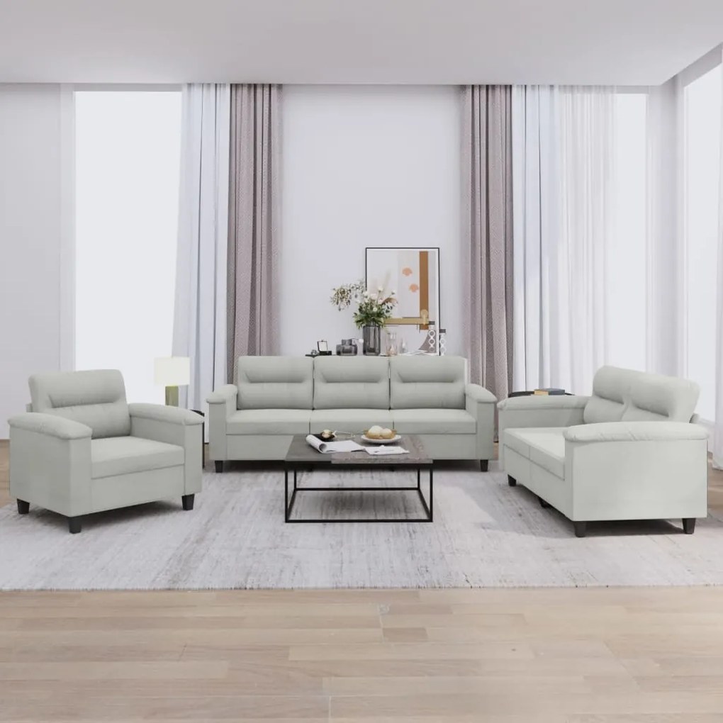 Set Divani 3 Pz Con Cuscini Grigio Chiaro İn Tessuto Microfibra /