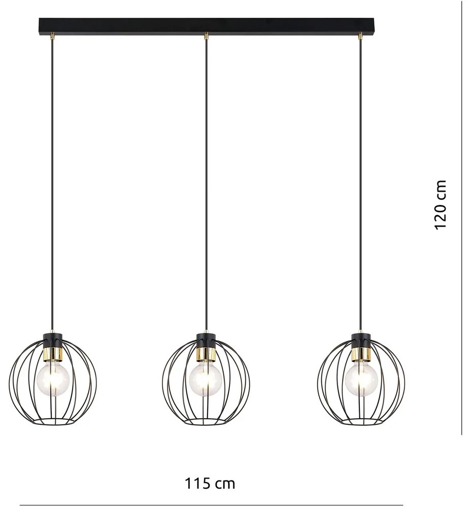 Sospensione Industrial 3 Luci Gino In Acciaio Nero A Paralumi Gabbia Con Oro