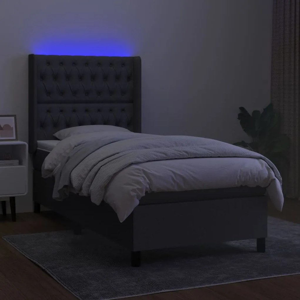 Letto a molle materasso e led grigio scuro 100x200cm in tessuto