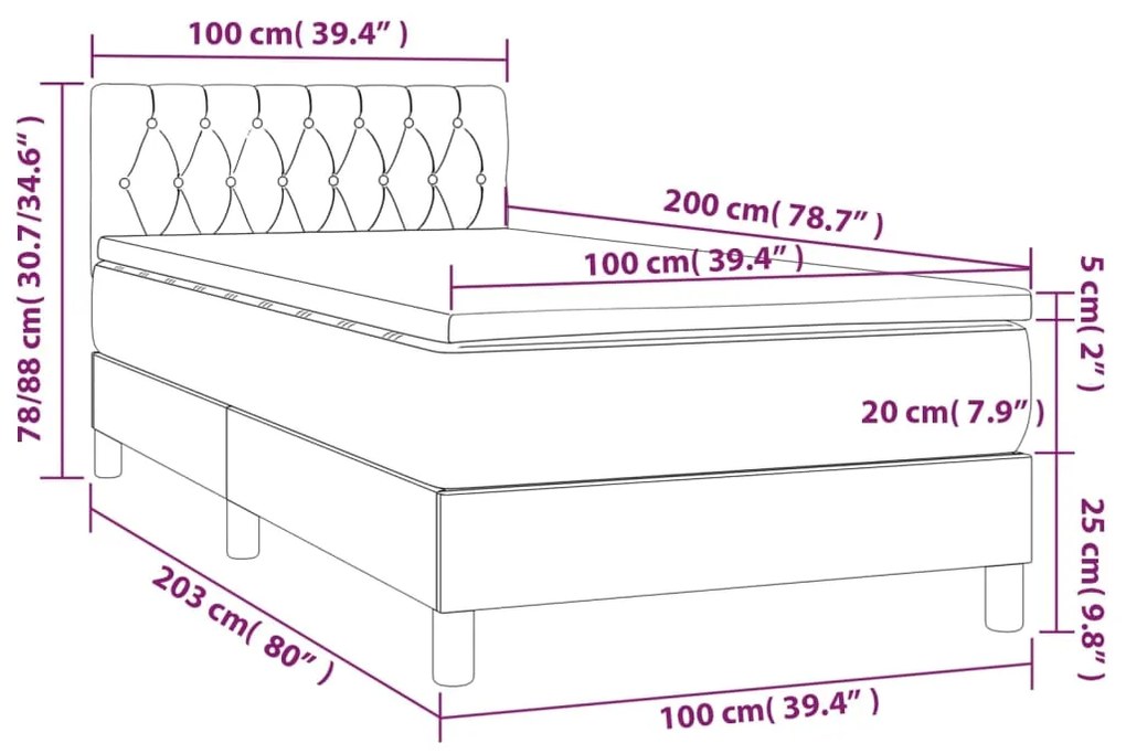 Giroletto a Molle con Materasso Grigio Scuro 100x200 cm Velluto