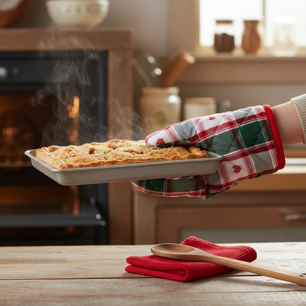 Set guanto, cucchiaio e strofinaccio tartan cuori