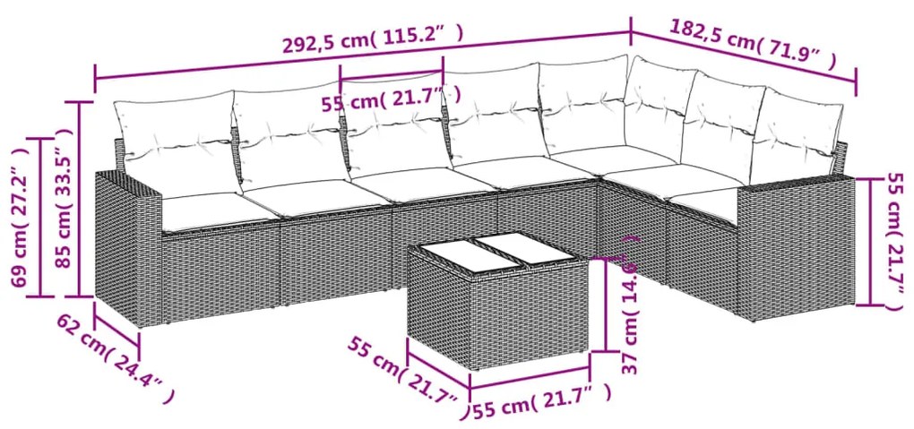 Set divani da giardino con cuscini 8 pz nero in polyrattan