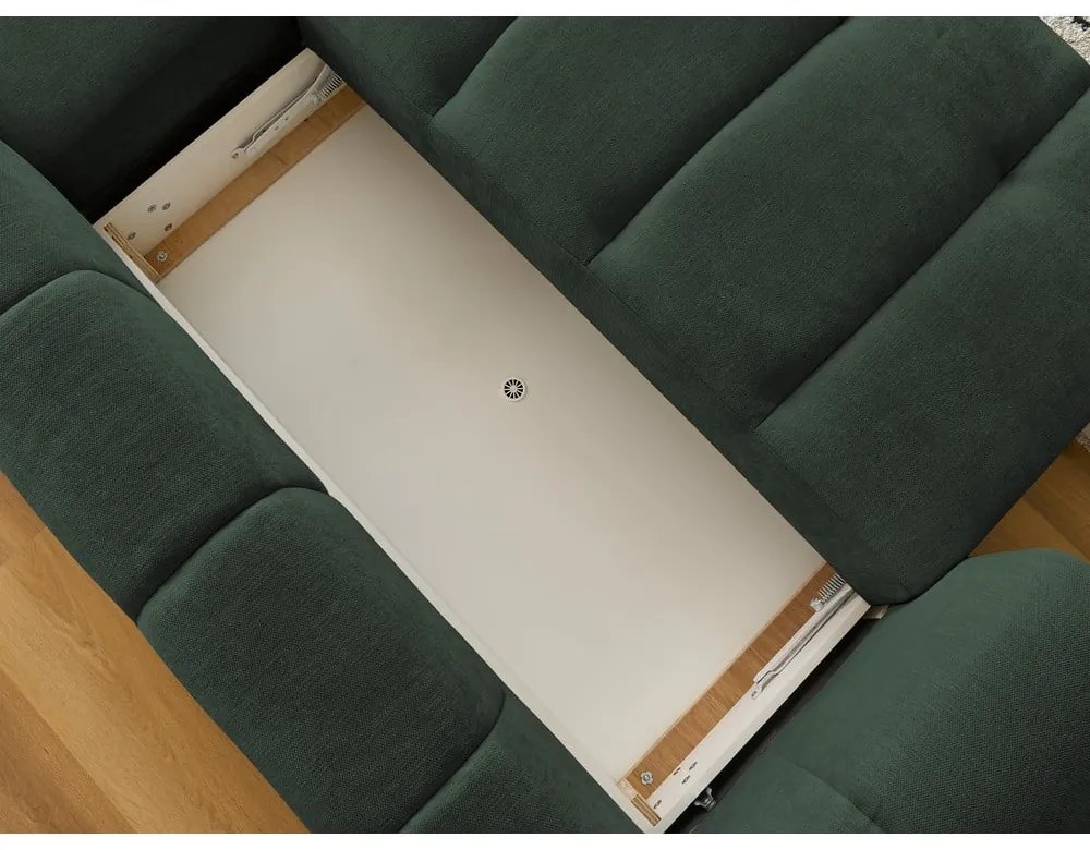 Divano angolare verde allungabile e con contenitore (penisola a destra/chaise lounge) con rivestimento in ciniglia Fuji – Bobochic Paris