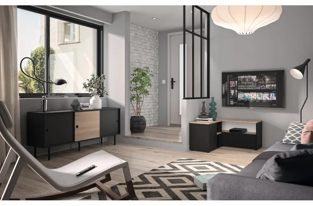 Tavolo TV in rovere decorato in nero e naturale 90x45 cm Angle - TemaHome