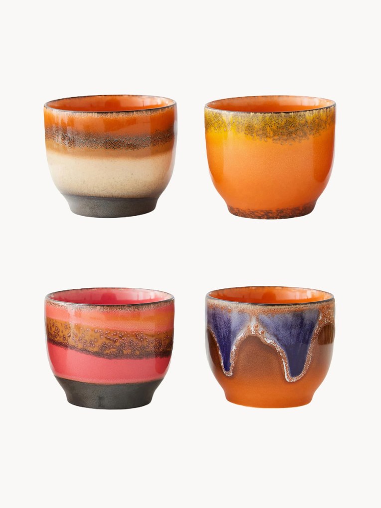 Set di 4 tazze senza manico fatte a mano con smalto reattivo 70's