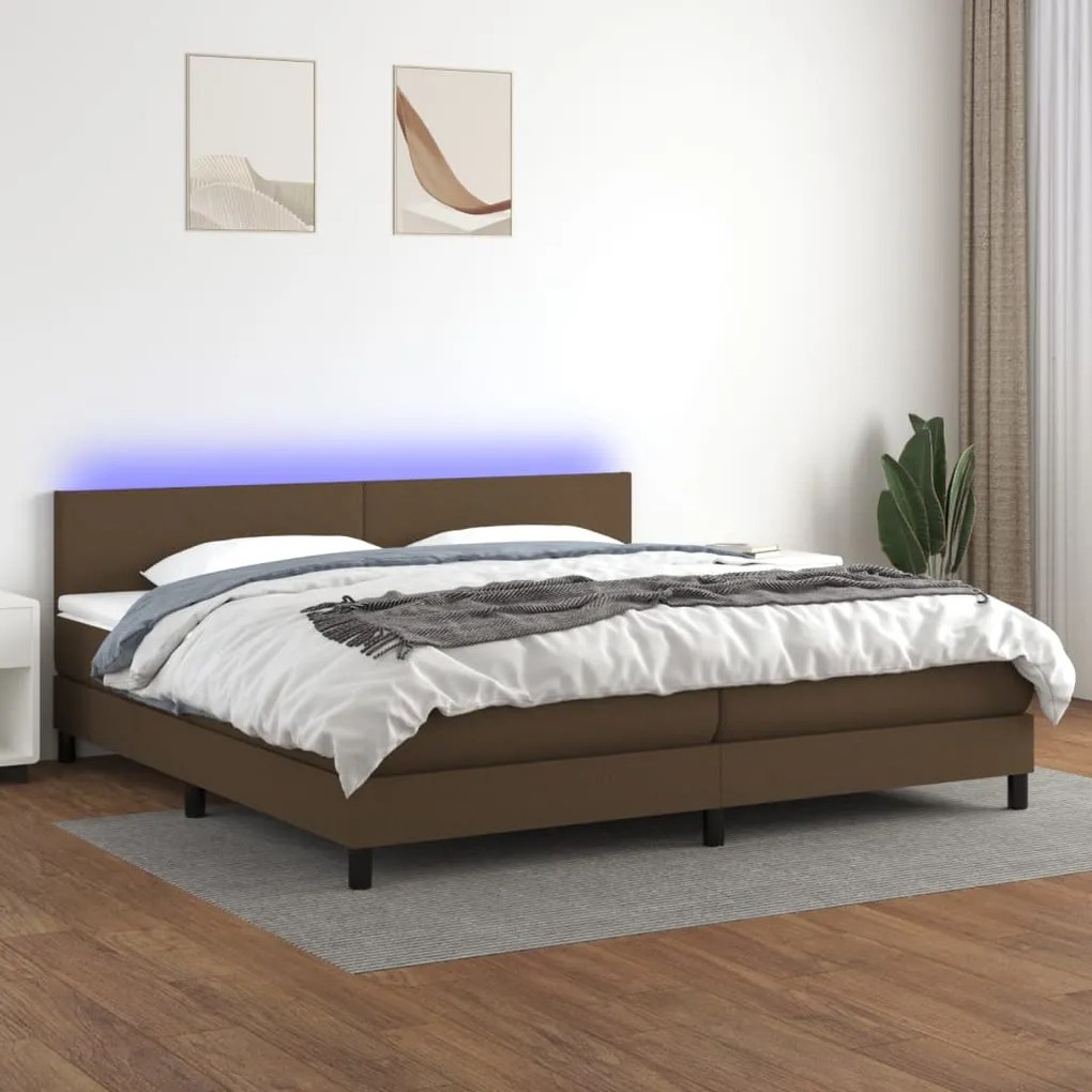 Letto a molle materasso e led marronescuro 200x200cm in tessuto