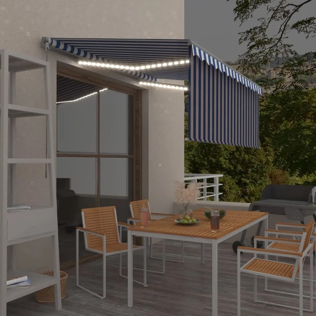 Tenda Sole Retrattile Manuale Con Led 3,5x2,5 M Blu E Bianco /