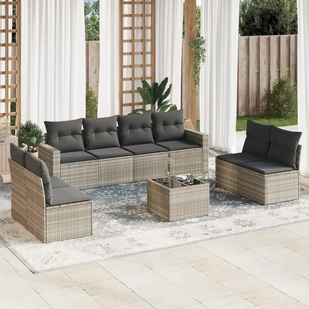 Set divano da giardino 9pz con cuscini grigio chiaro polyrattan