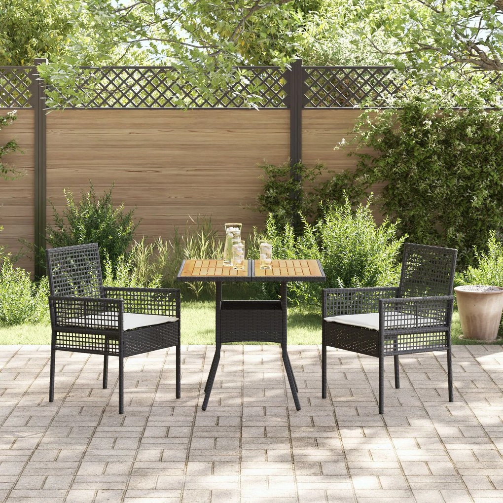 Set da pranzo da giardino 3 pezzi con cuscini nero polyrattan