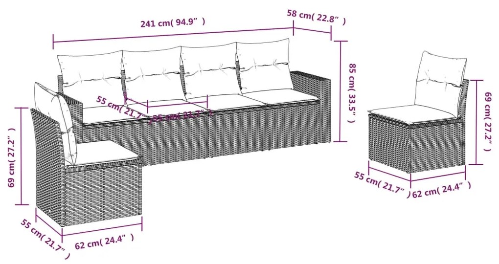 Set divano da giardino 6 pz con cuscini marrone in polyrattan