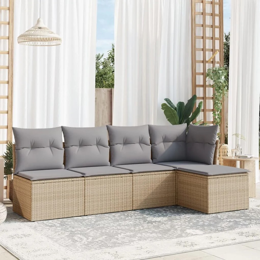 Set Divano da Giardino 5 pz con Cuscini Beige in Polyrattan