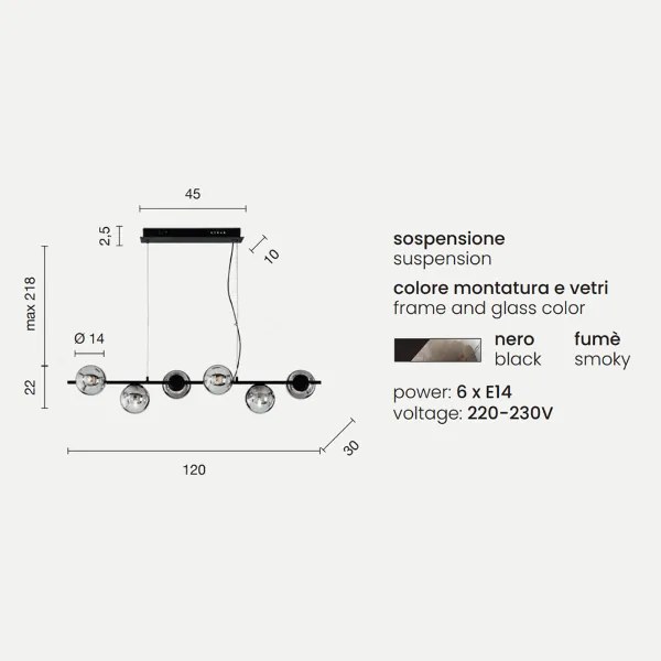 Lampada a sospensione 120 cm in metallo e vetro soffiato Nero a 6 luci MONILE
