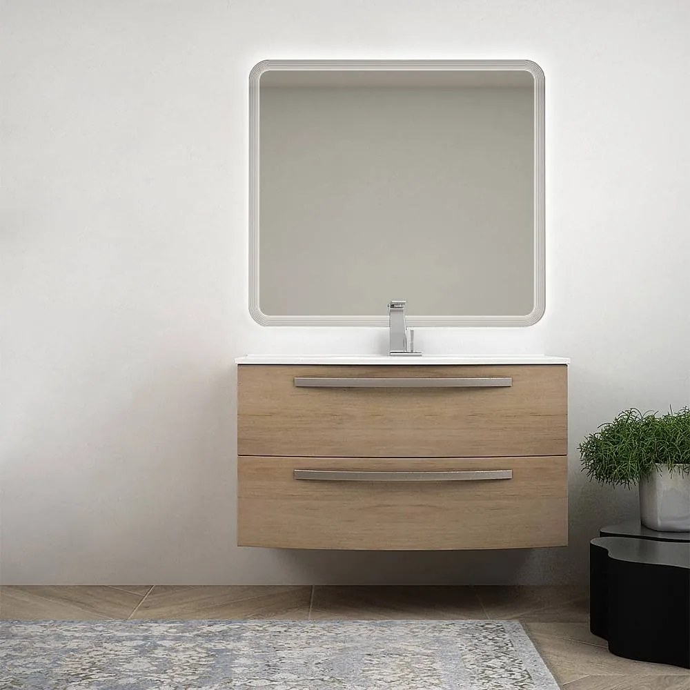 Mobile bagno sospeso curvo 100 cm rovere tabacco con lavabo ceramica e specchio LED Mod. Berlino