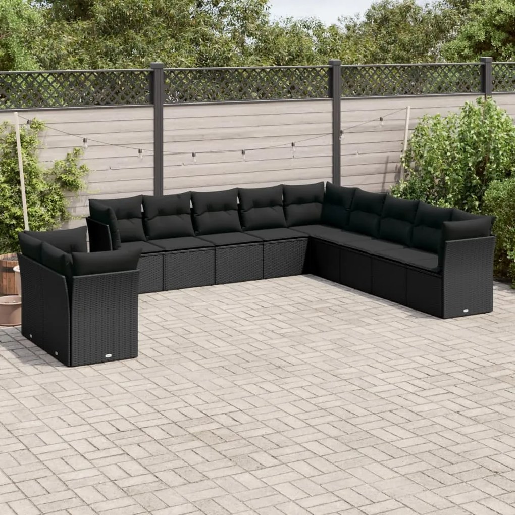 Set divani da giardino 11 pz con cuscini in polyrattan nero