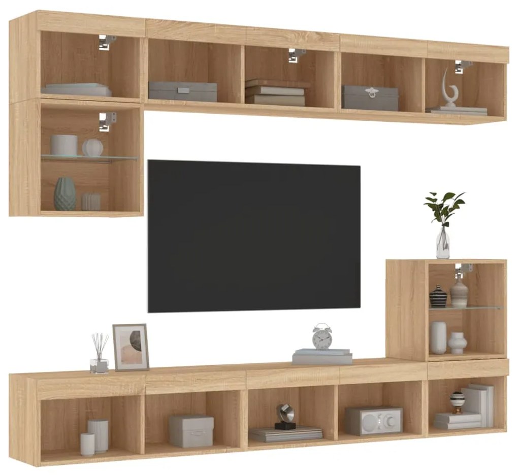 Mobili tv a muro con led 8pz rovere sonoma legno multistrato