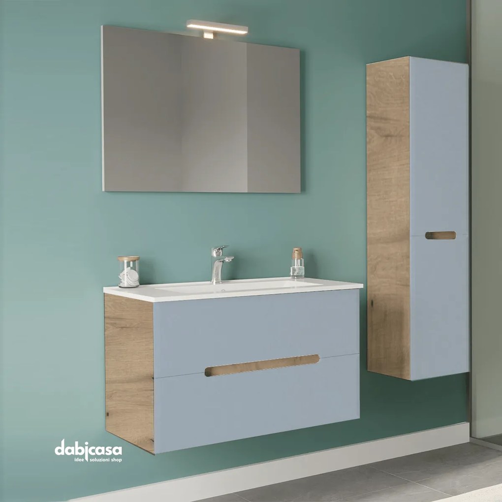 Mobile Bagno Sospeso "Iris" Da 80 Cm Composto Da Due Cassetti Lavabo E Specchio Con Lampada Led Finitura Rovere Fumo/Blu Pastello Opaco