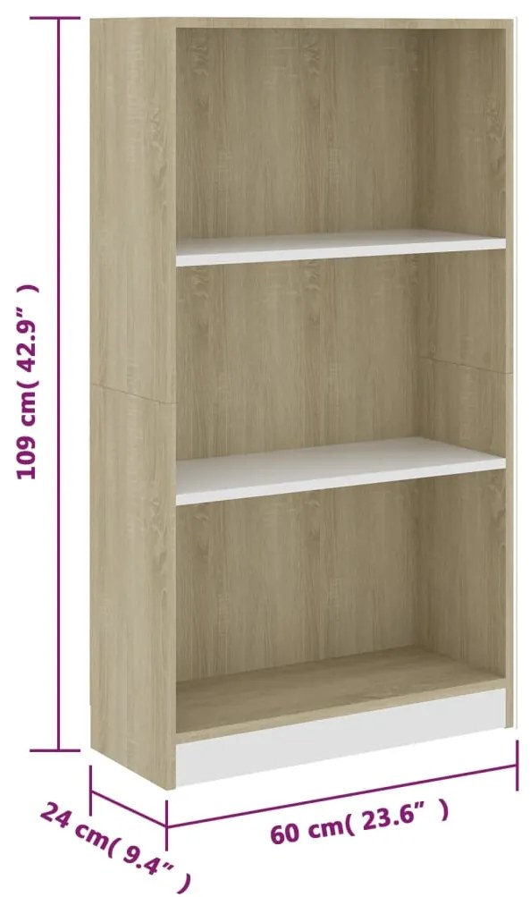 Libreria a 3 Ripiani Bianco e Sonoma 60x24x109cm in Multistrato