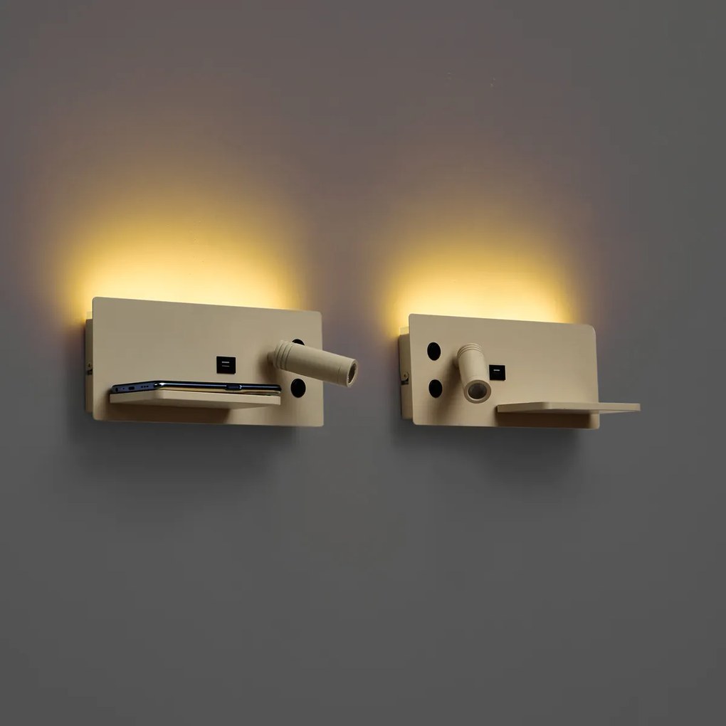 Set di 2 lampade da parete beige con LED, USB e caricatore a induzione - Riza