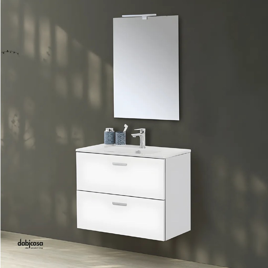 Mobile Bagno Sospeso "Greta" Da 80 Cm Composto Da Due Cassetti Lavabo E Specchio Con Lampada Led Finitura Bianco Lucido