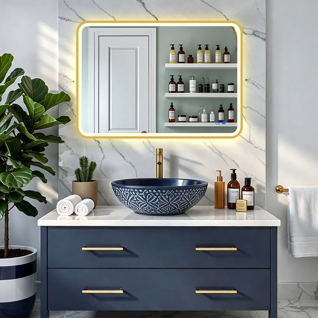 Specchio arrotondato LED con cornice in alluminio dorato