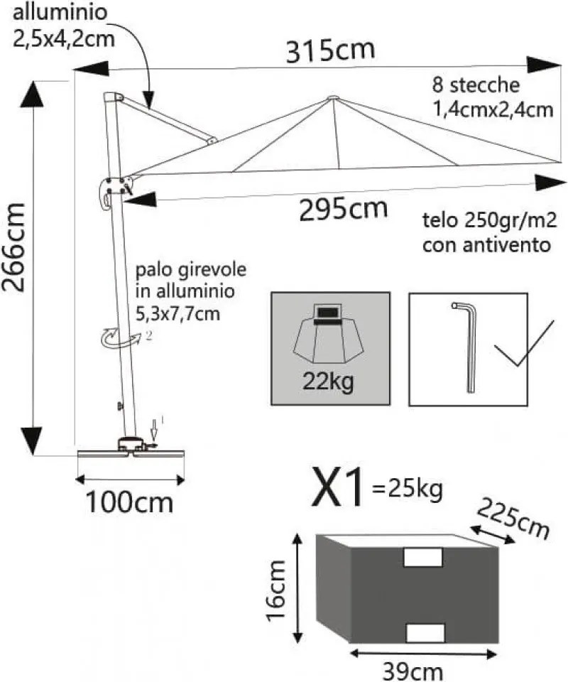Ombrellone da Giardino Saturno Decentrato 3x3 m in Alluminio grigio Telo Tortora...