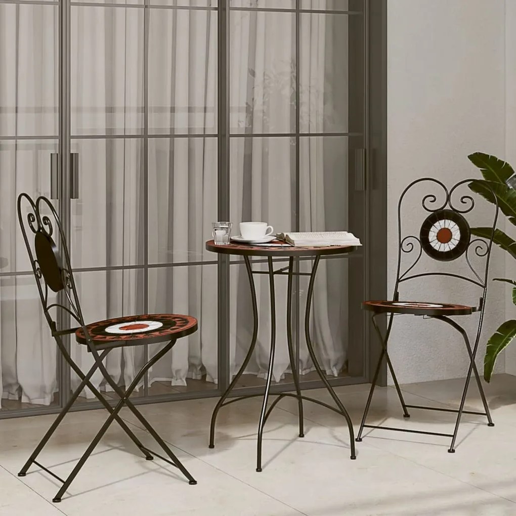 Set Da Bistrot Con Mosaico Terracotta E Bianco Ferro E Ceramica /