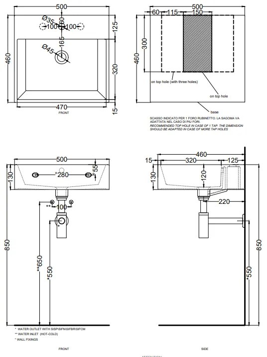 Cielo Smile lavabo 50x46 monoforo rettangolare sospeso o da appoggio con troppo pieno in ceramica talco