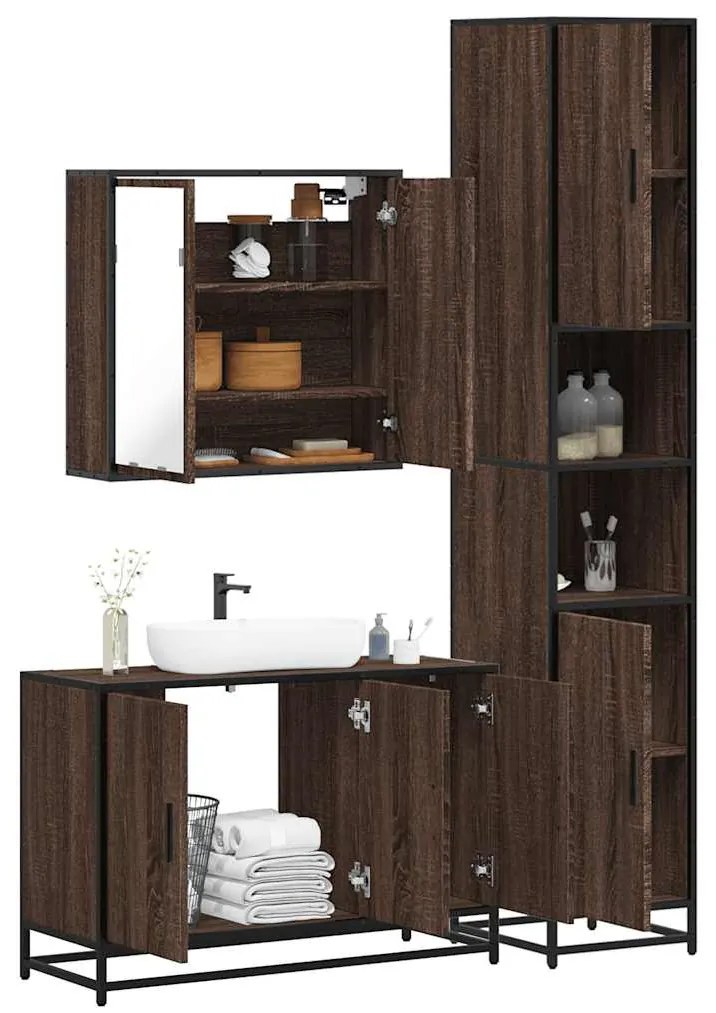 Set Mobili Da Bagno 3 Pz Rovere Marrone İn Legno Multistrato /