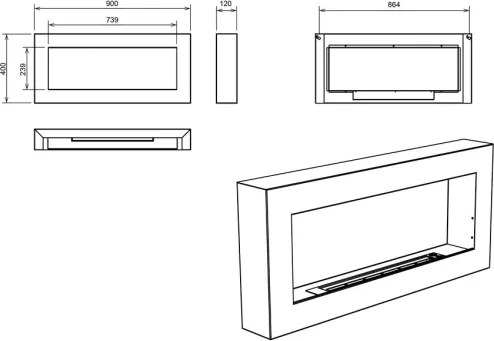 Camino a bioetanolo biocamino da parete Siena Nero L 90 x P 12 x H 40