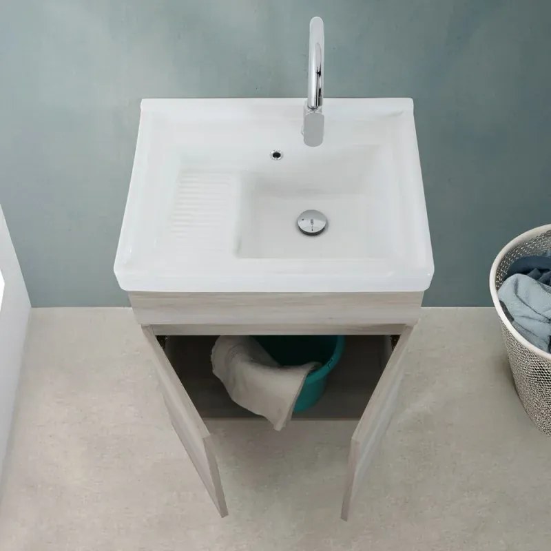 Mobile lavatoio 60x46,8 cm rovere grigio con vasca in ceramica bianca