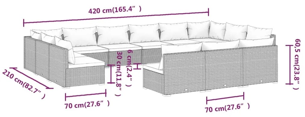 Set Divani da Giardino 13 pz con Cuscini in Polyrattan Grigio