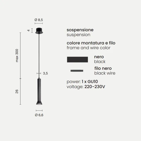 Lampada a sospensione in metallo verniciato Nero LILA Piccolo D6,6 cm