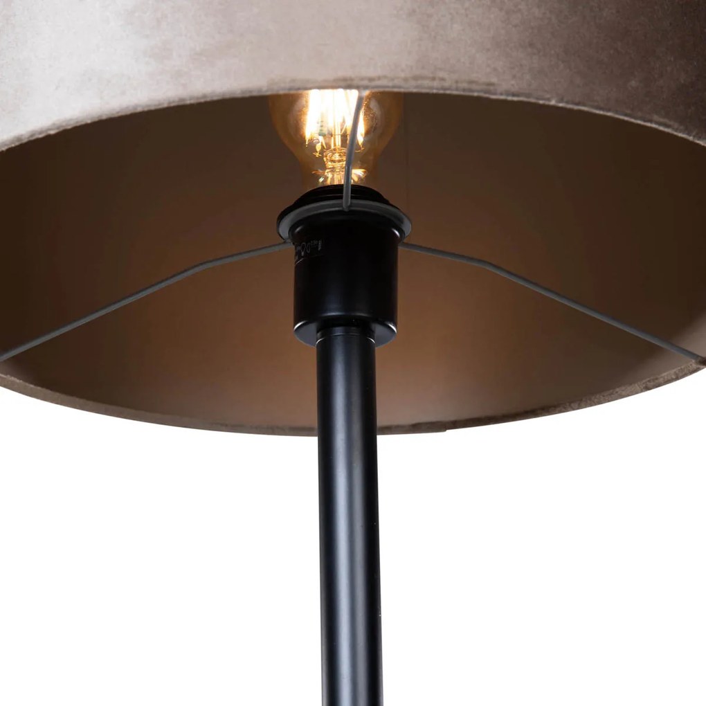 Lampada da Terra Nera con Paralume in Velluto Taupe 50cm - Simplo