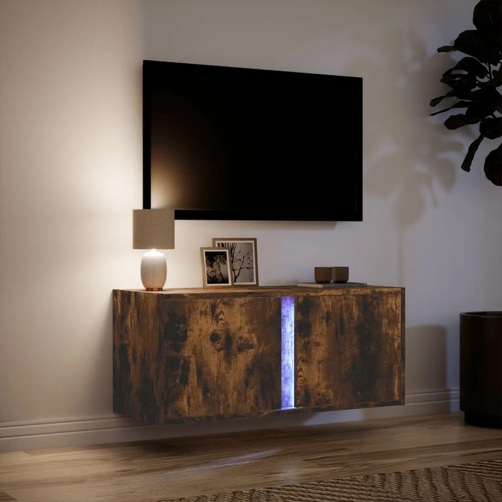 Mobile tv a parete con luci led rovere fumo 80x31x35 cm