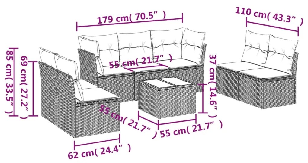 Set divano da giardino 8 pz con cuscini beige in polyrattan